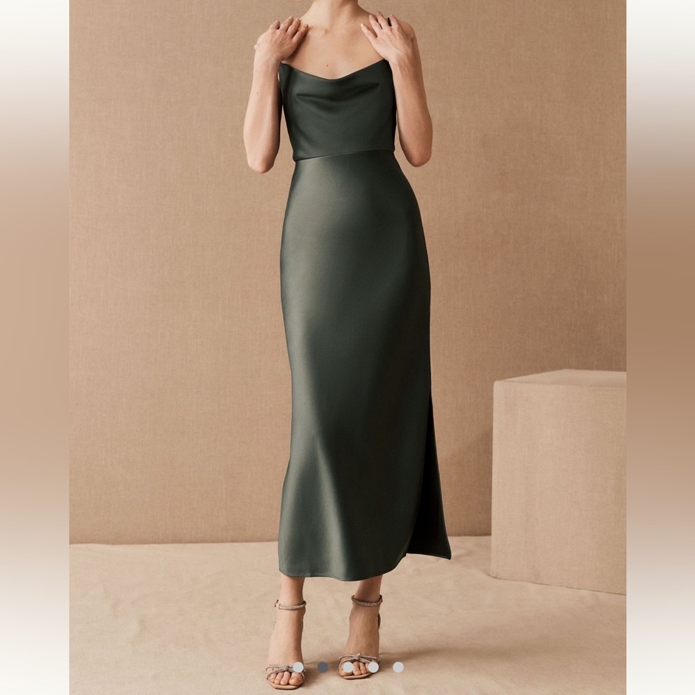 BHLDN Cali Satin Cowl-Neck Midi Slip Dress Forest | Wedding Guest
